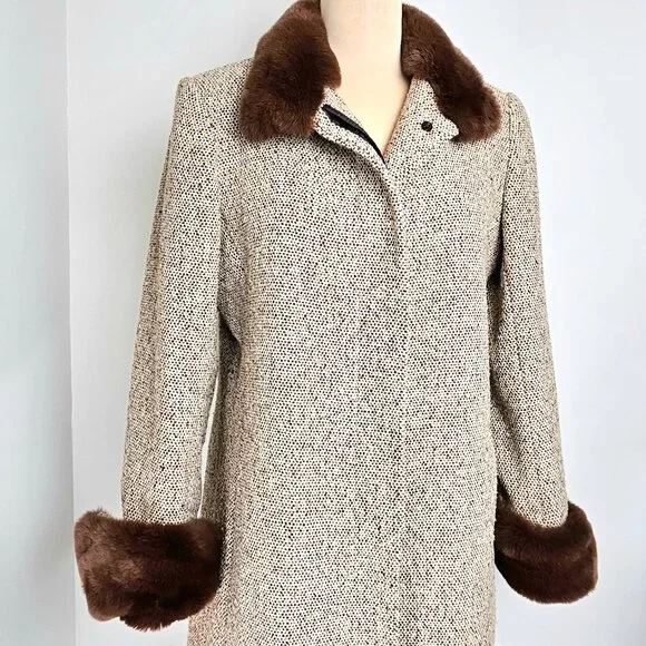 Via Spiga Wool Blend Tweed Coat Rex Rabbit Fur Trim Size 10 - Picture 7 of 16